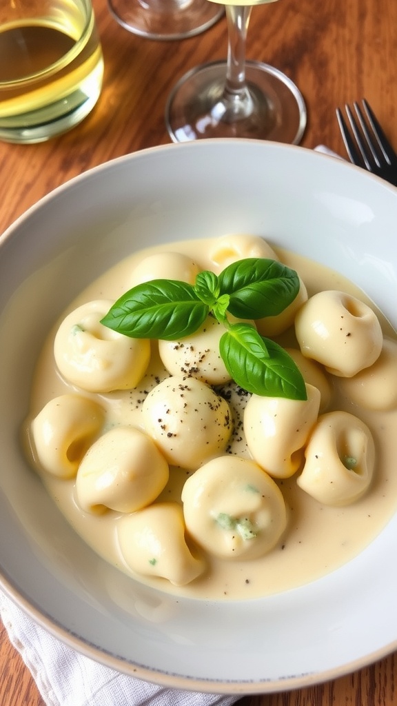 Creamy four cheese tortellini in cheese sauce topped with basil, served in a rustic bowl.